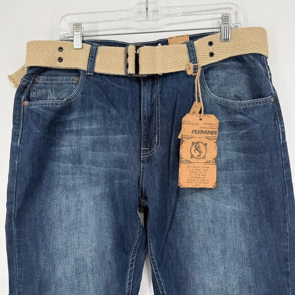 BRAND NEW NWT Men's Flypaper Medium Wash Blue Denim Bootcut Jeans W/ Belt 38x34